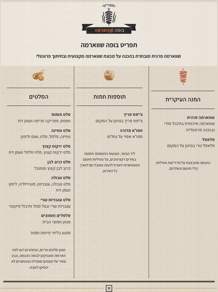 תפריט דוכן שווארמה 2 תפריט בופה שווארמה