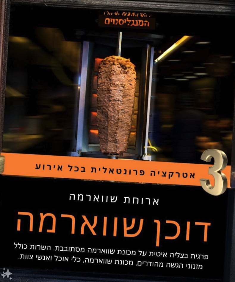 דוכן שווארמה לאירועים של המנגליסטים — עמדת שף עם שיפוד מסתובב